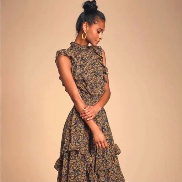 Lulu's Evelina Mustard yellow floral print mock neck midi dress size small - Picture 4 of 11